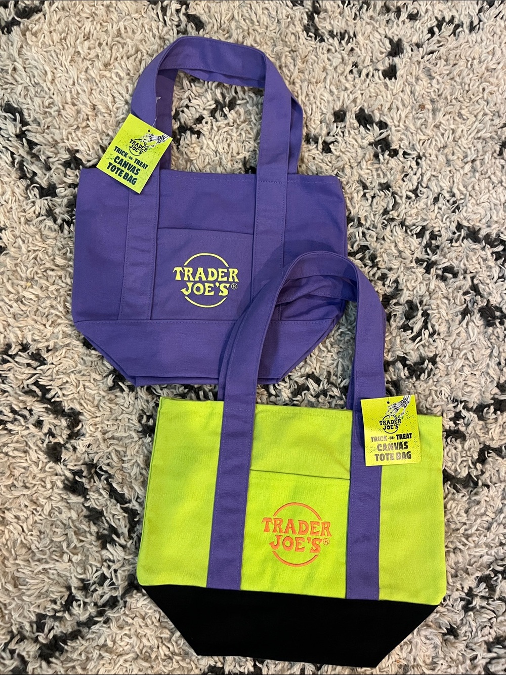 Trader Joe's Trick or Treat Canvas Tote Bag Set Purple & Green (bundle of 2)